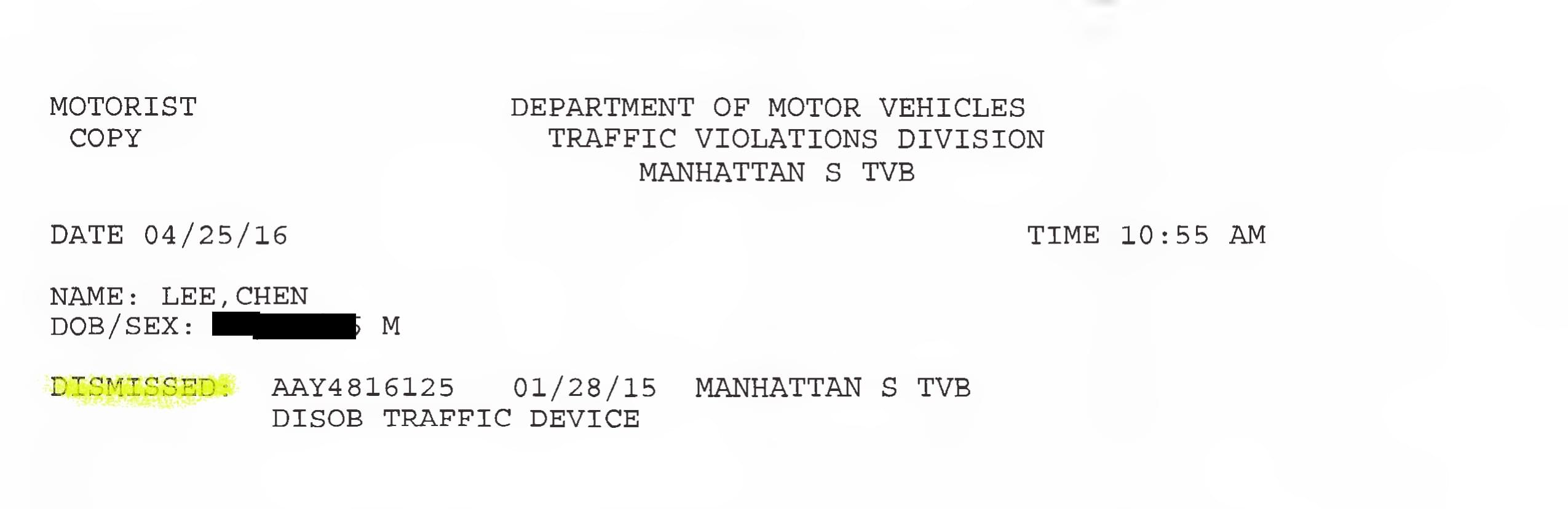 New York Illegal Traffic Device Ticket Dismissed